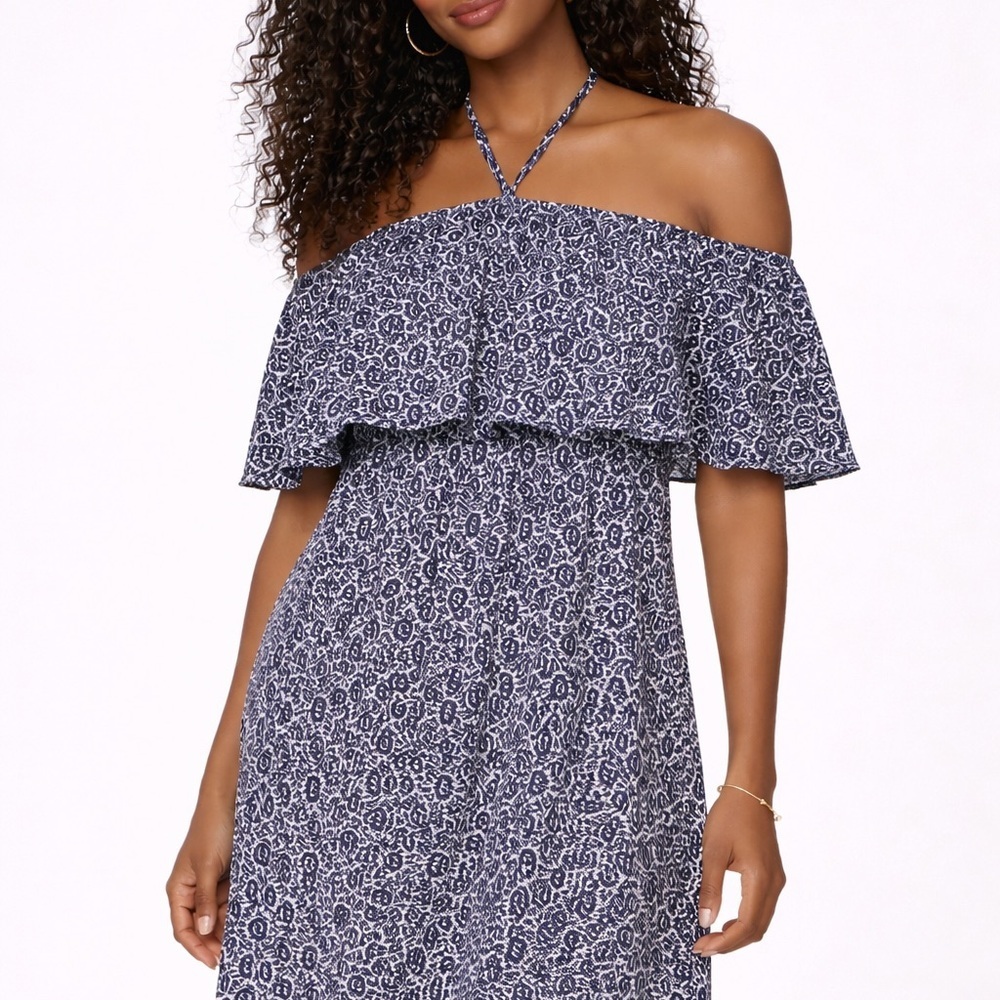 Rebecca Minkoff Off Shoulder Ruffle Halter Dress Blue Floral Size 6